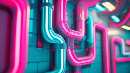 Aufkleber - Abstract neon pink and teal pipes on a tiled wall.