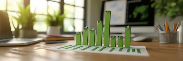Poster - Green upward graph on desk with laptop and plants.