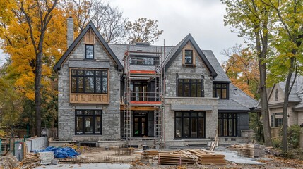 Aufkleber - Two-story stone house under construction, scaffolding visible, autumn foliage.