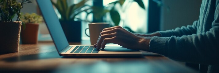 Fototapete - Person's hands typing on laptop at desk with plants.