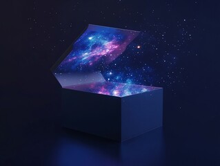 Poster - Open box revealing a vibrant nebula, cosmic dust particles.