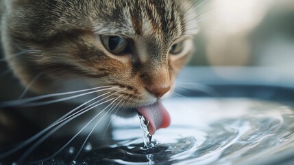 Leinwandbilder - Close-up of a tabby cat drinking water from a bowl.
