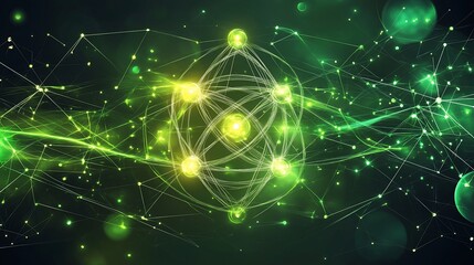 Poster - Abstract glowing green atomic structure with energy lines and particles.