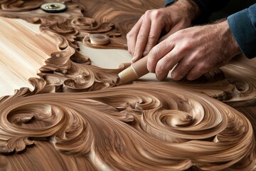 Poster - Close-up of artisan hands meticulously carving intricate details into a rich, dark wood surface, showcasing the craftsmanship and artistry of woodworking.