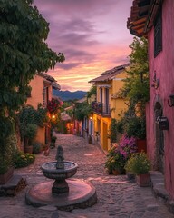 Poster - Colorful cobblestone street at sunset with fountain.