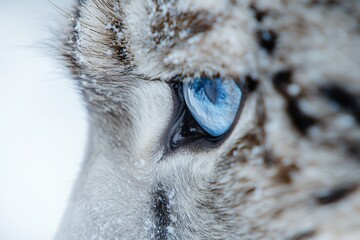 Poster - Close-up of a snow leopard's bright blue eye and fur, covered in snowflakes.