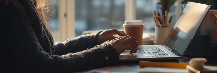 Aufkleber - Woman's hands typing on laptop near window.