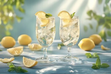 Poster - Two refreshing lemon iced drinks in glasses with ice, lemon slices, and mint on a blue wooden table.