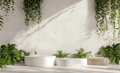 Aufkleber - Two white and one woven round podiums with tropical plants against a white wall, bathed in sunlight.