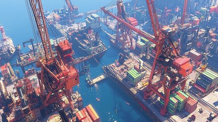 Poster - Aerial view of a busy harbor with numerous cargo ships, cranes, and containers.