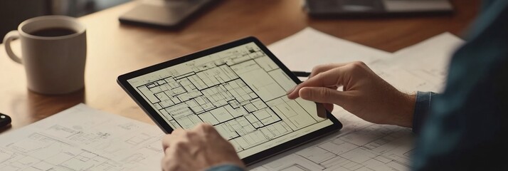 Poster - Person using tablet to review architectural blueprints at desk.