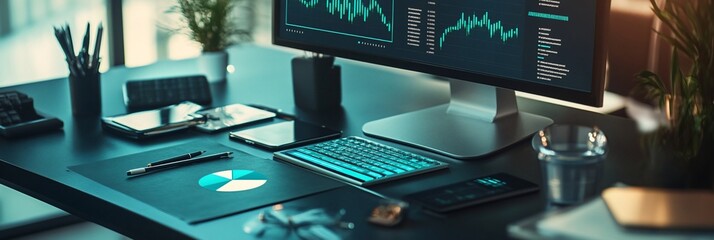 Fototapete - Modern workspace with computer displaying financial data, keyboard, tablet, and stationery.
