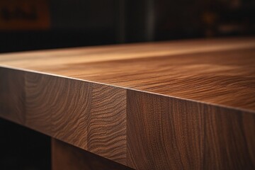 Poster - Close-up of a rich, dark brown wooden table's edge, showcasing its grain and texture.