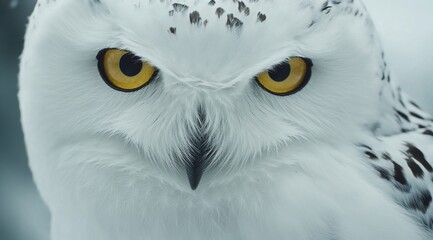 Poster - Close-up of a snowy owl with intense yellow eyes, white feathers, and black speckles.