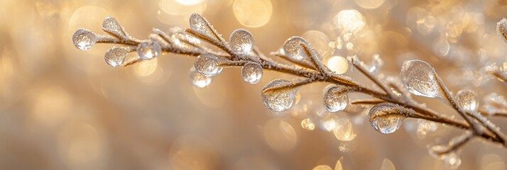 Fototapete - Close-up of a frosty branch with water droplets, bokeh background.