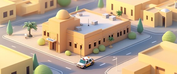 Aufkleber - Low-poly 3D model of a Middle Eastern town with a building and ambulance.