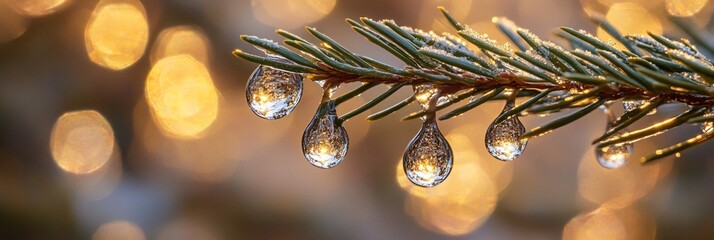 Poster - Close-up of water droplets on pine branch, bokeh background.