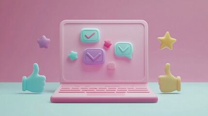 Poster - Pink laptop with 3D notification icons, stars, and thumbs up.