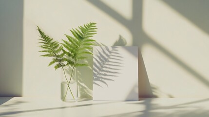 Poster - Sunlit ferns in glass vase beside blank card on white surface.