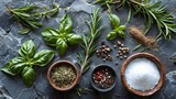 Fresh herbs and spices on stone tabletop display