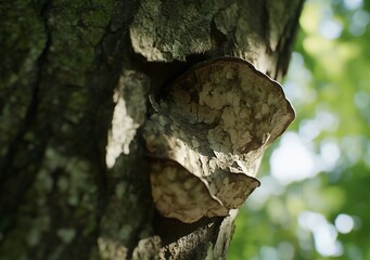 Aufkleber - Close-up of a shelf fungus growing on a tree trunk in a forest, sunlight illuminating it.