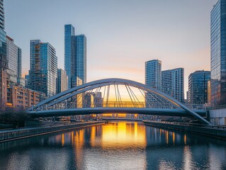 Aufkleber - Modern city bridge at sunset reflected in calm water, with skyscrapers in the background.