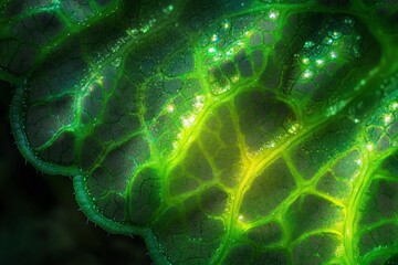 Poster - Close-up of a vibrant green leaf's intricate cellular structure, illuminated by backlighting, showcasing its veins and texture.