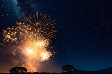 Wall Mural - Fireworks with blur milky way background