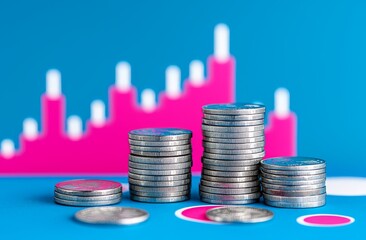 Poster - An abstract representation of a financial stock market graph and growing rows of coins, illustrating finance, business investment, and currency exchange, on a blue backdrop.