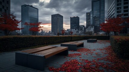 Poster - Autumnal city park with benches, red leaves scattered on ground, skyscrapers in background.