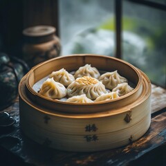 Poster - Steamed dumplings in a bamboo steamer basket on a wooden table, near a window.