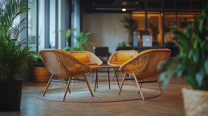 Poster - Modern office lounge with rattan chairs, plants, and a low table.