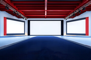 Poster - Modern exhibition stage with large blank screens, blue carpeted floor, and red ceiling beams in a spacious indoor hall. 3D Rendering
