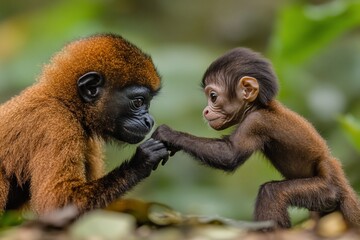 Aufkleber - Two adorable monkeys holding hands, close-up in rainforest setting.