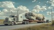 © musa - Large metal object transported on flatbed truck across rural landscape.