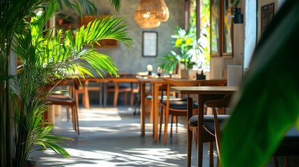 Poster - Sunlit cafe interior with wooden tables, chairs, and lush tropical plants.