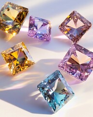 Poster - Collection of radiant, square-cut gemstones in assorted colors displayed on a bright surface.