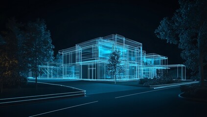 Poster - Wireframe model of a modern house at night, surrounded by trees and a road.