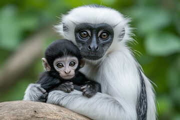 Aufkleber - Close-up of a black-and-white colobus monkey mother tenderly holding her baby.