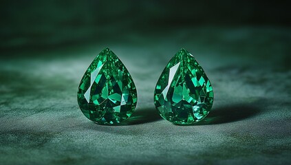 Poster - Two pear-shaped emerald gemstones on a dark green surface.