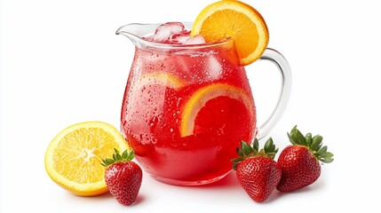 Poster - Refreshing strawberry orange iced tea in a glass pitcher with ice, orange slices, and strawberries.