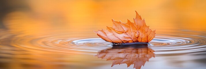 Poster - Autumn leaf floating on calm water, creating concentric ripples; warm, orange background.