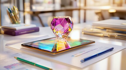 Aufkleber - Vibrant gemstone on digital tablet amidst office supplies.