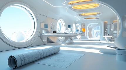 Poster - Futuristic white lab interior with large windows, blueprints, and modern furniture.