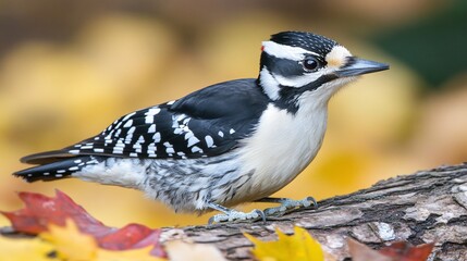 Poster - A black and white woodpecker perched on a tree branch amidst autumn leaves.