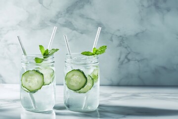 Poster - Two mason jars filled with refreshing cucumber water, garnished with mint and ice, on a marble surface.