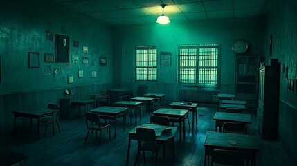 Aufkleber - Dark, eerie classroom with old desks, chairs, and wall-mounted pictures, dimly lit by a single overhead lamp.