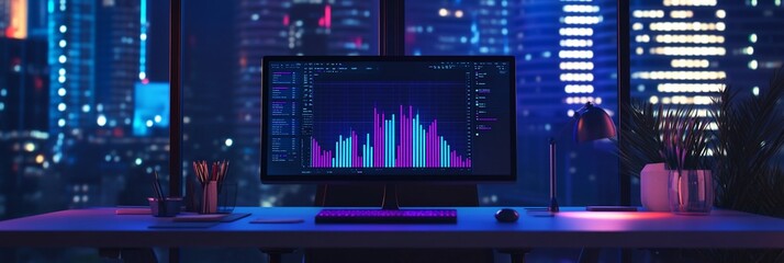 Poster - Night cityscape view from office desk with computer displaying financial chart.