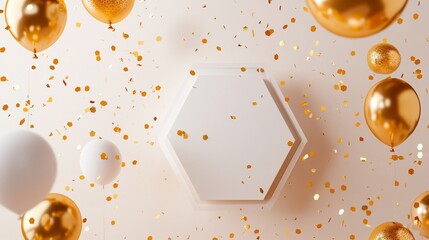 Poster - White hexagonal platform with gold and white balloons and confetti.