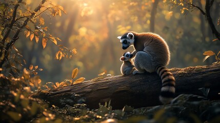 Aufkleber - Ring-tailed lemur mother tenderly cradles her baby on a sunlit log in a lush forest.